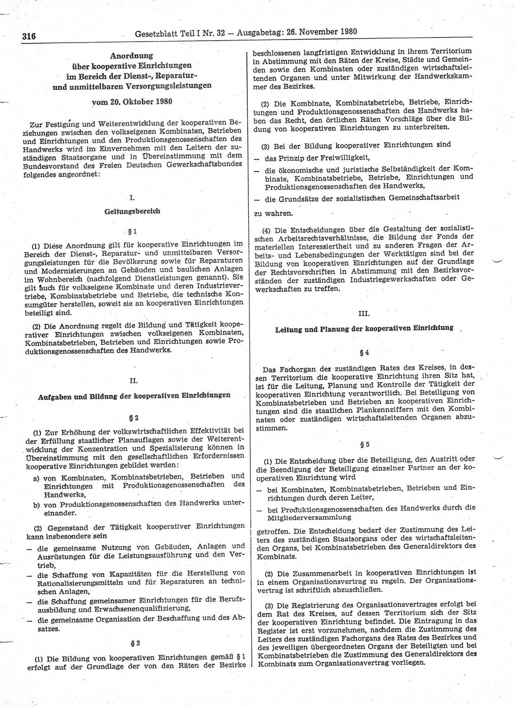 Gesetzblatt (GBl.) der Deutschen Demokratischen Republik (DDR) Teil Ⅰ 1980, Seite 316 (GBl. DDR Ⅰ 1980, S. 316)