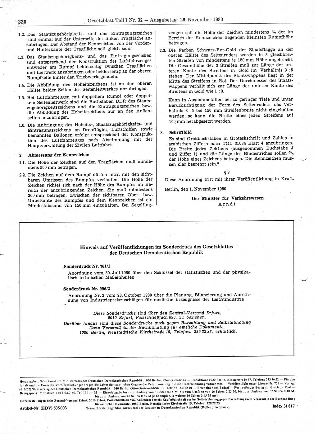 Gesetzblatt (GBl.) der Deutschen Demokratischen Republik (DDR) Teil Ⅰ 1980, Seite 320 (GBl. DDR Ⅰ 1980, S. 320)