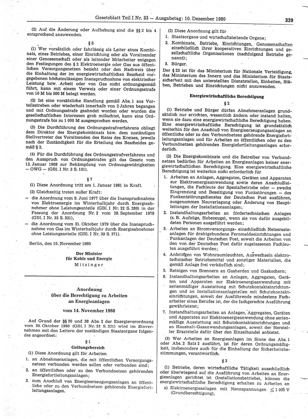 Gesetzblatt (GBl.) der Deutschen Demokratischen Republik (DDR) Teil Ⅰ 1980, Seite 339 (GBl. DDR Ⅰ 1980, S. 339)