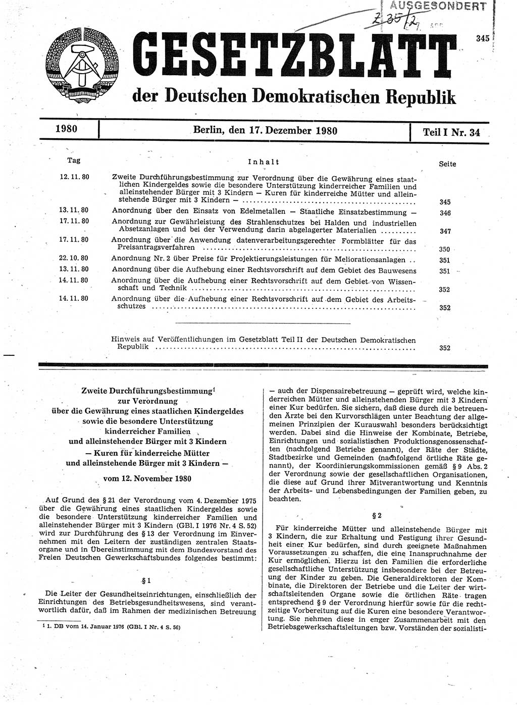 Gesetzblatt (GBl.) der Deutschen Demokratischen Republik (DDR) Teil Ⅰ 1980, Seite 345 (GBl. DDR Ⅰ 1980, S. 345)