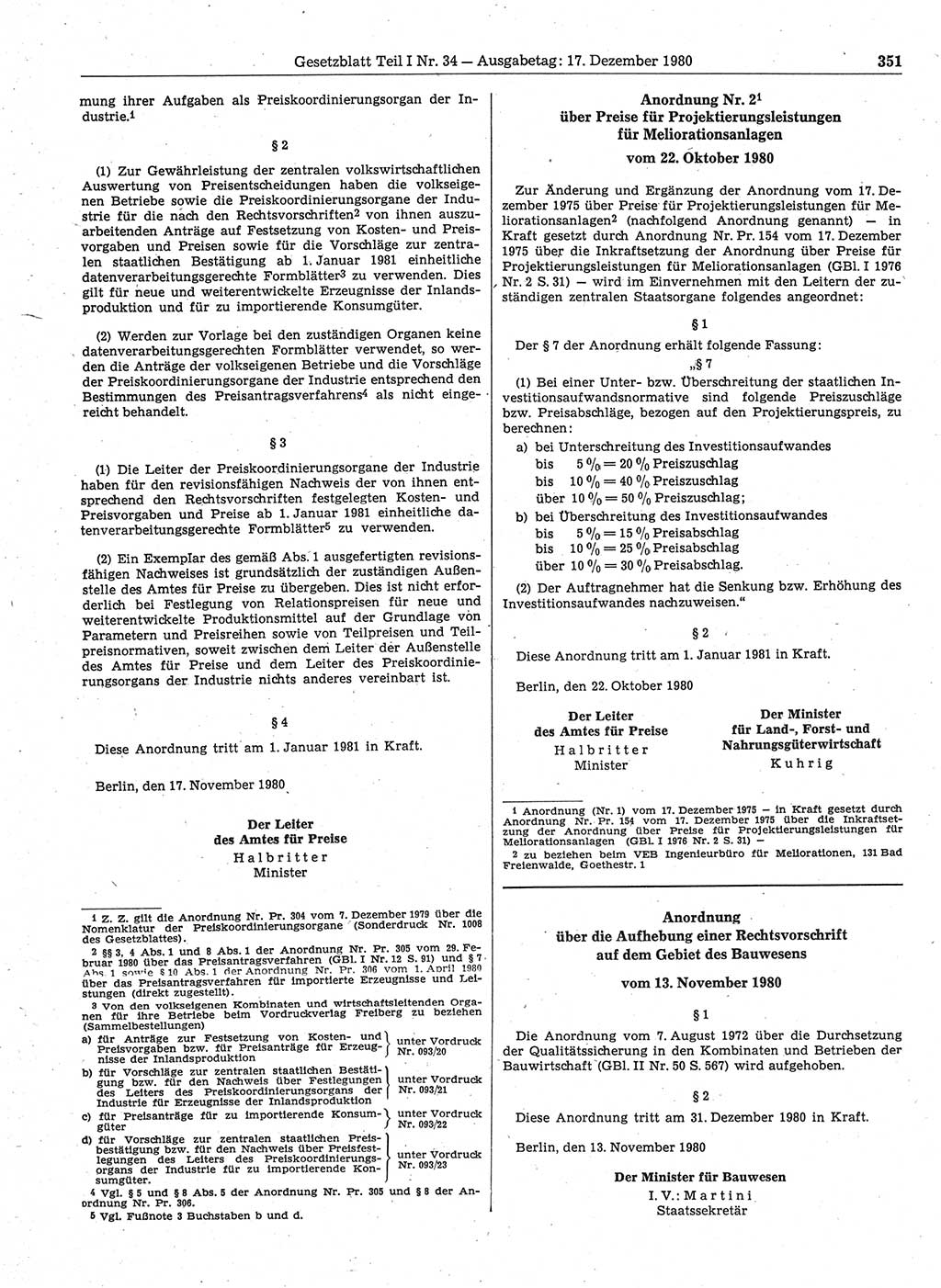 Gesetzblatt (GBl.) der Deutschen Demokratischen Republik (DDR) Teil Ⅰ 1980, Seite 351 (GBl. DDR Ⅰ 1980, S. 351)
