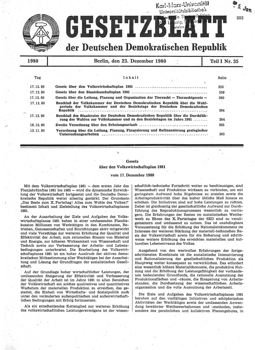 Gesetzblatt (GBl.) der Deutschen Demokratischen Republik (DDR) Teil Ⅰ 1980, Seite 353 (GBl. DDR Ⅰ 1980, S. 353)