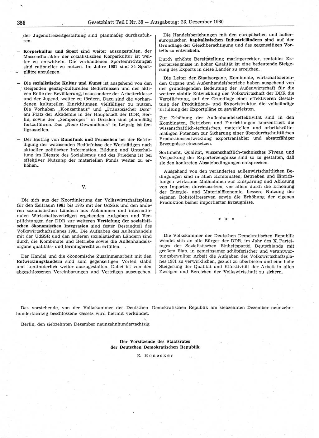 Gesetzblatt (GBl.) der Deutschen Demokratischen Republik (DDR) Teil Ⅰ 1980, Seite 358 (GBl. DDR Ⅰ 1980, S. 358)
