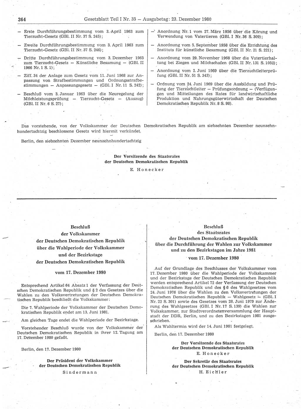 Gesetzblatt (GBl.) der Deutschen Demokratischen Republik (DDR) Teil Ⅰ 1980, Seite 364 (GBl. DDR Ⅰ 1980, S. 364)