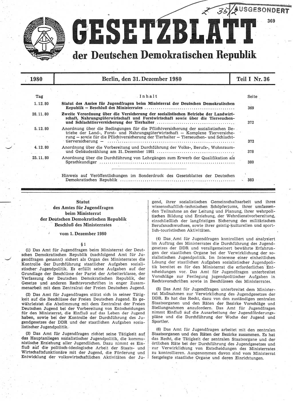 Gesetzblatt (GBl.) der Deutschen Demokratischen Republik (DDR) Teil Ⅰ 1980, Seite 369 (GBl. DDR Ⅰ 1980, S. 369)