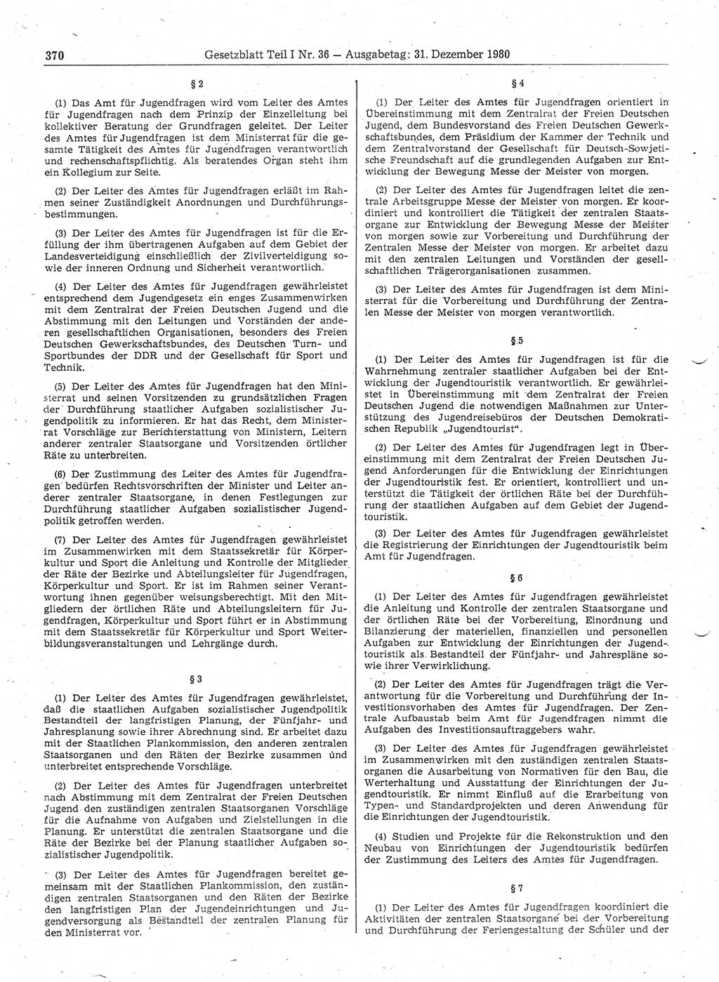 Gesetzblatt (GBl.) der Deutschen Demokratischen Republik (DDR) Teil Ⅰ 1980, Seite 370 (GBl. DDR Ⅰ 1980, S. 370)