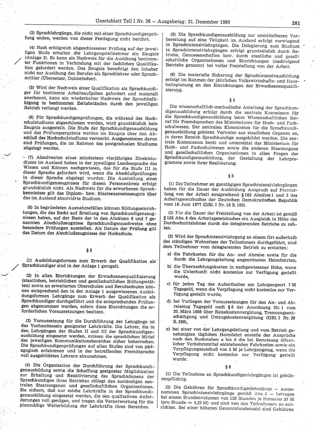 Gesetzblatt (GBl.) der Deutschen Demokratischen Republik (DDR) Teil Ⅰ 1980, Seite 381 (GBl. DDR Ⅰ 1980, S. 381)