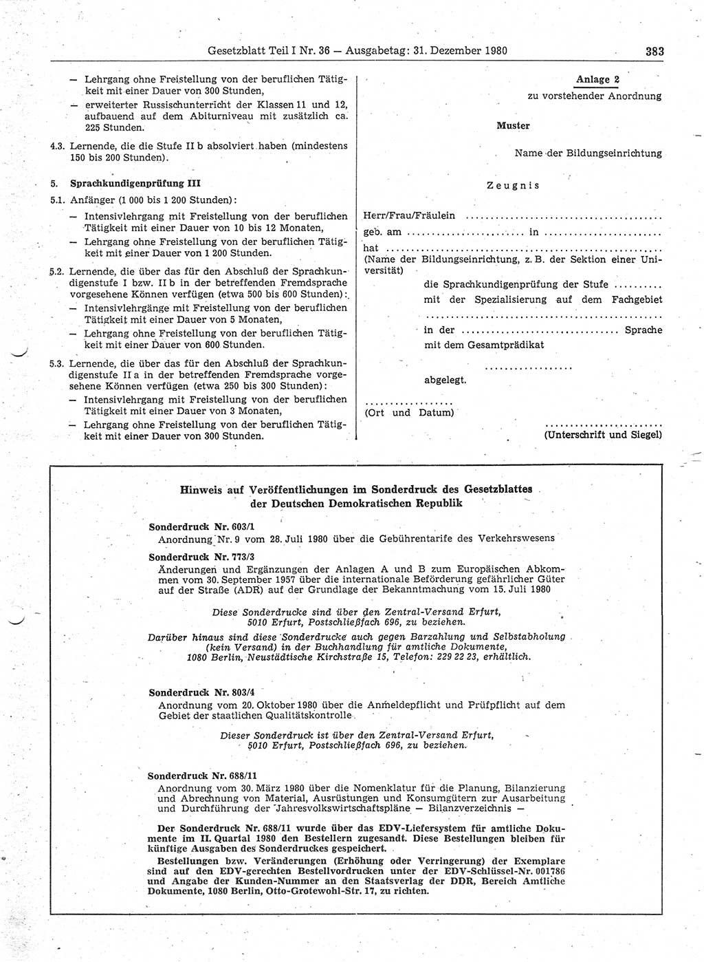 Gesetzblatt (GBl.) der Deutschen Demokratischen Republik (DDR) Teil Ⅰ 1980, Seite 383 (GBl. DDR Ⅰ 1980, S. 383)