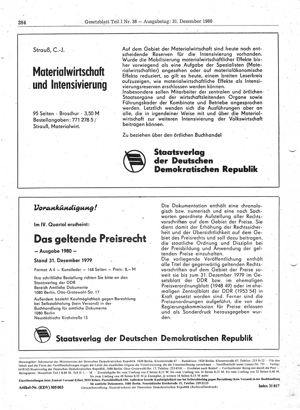 Gesetzblatt (GBl.) der Deutschen Demokratischen Republik (DDR) Teil Ⅰ 1980, Seite 384 (GBl. DDR Ⅰ 1980, S. 384)