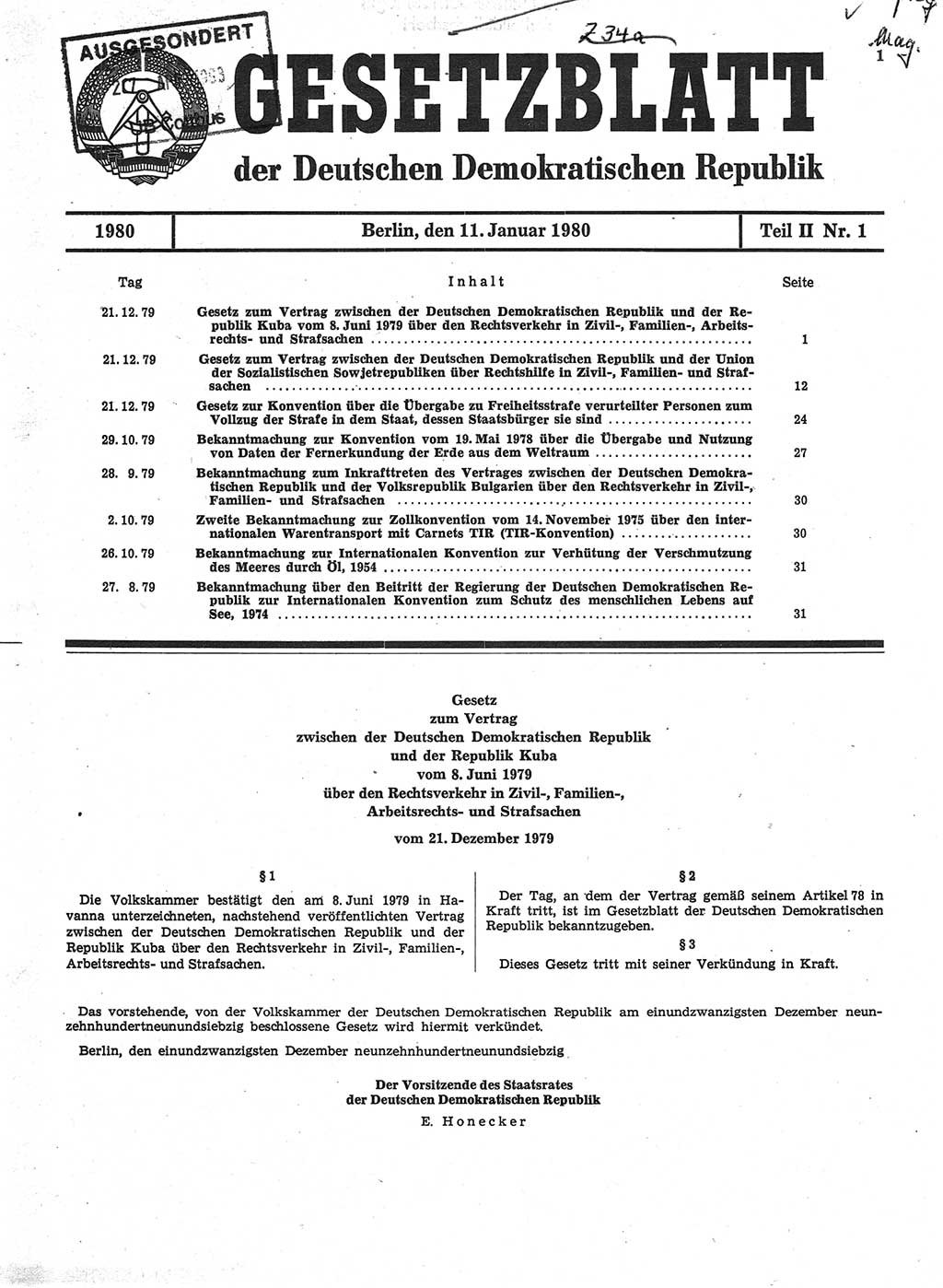 Gesetzblatt (GBl.) der Deutschen Demokratischen Republik (DDR) Teil ⅠⅠ 1980, Seite 1 (GBl. DDR ⅠⅠ 1980, S. 1)