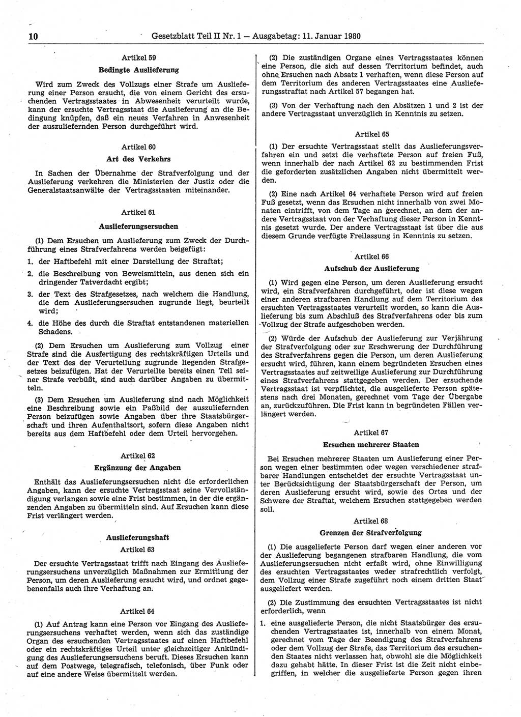 Gesetzblatt (GBl.) der Deutschen Demokratischen Republik (DDR) Teil ⅠⅠ 1980, Seite 10 (GBl. DDR ⅠⅠ 1980, S. 10)