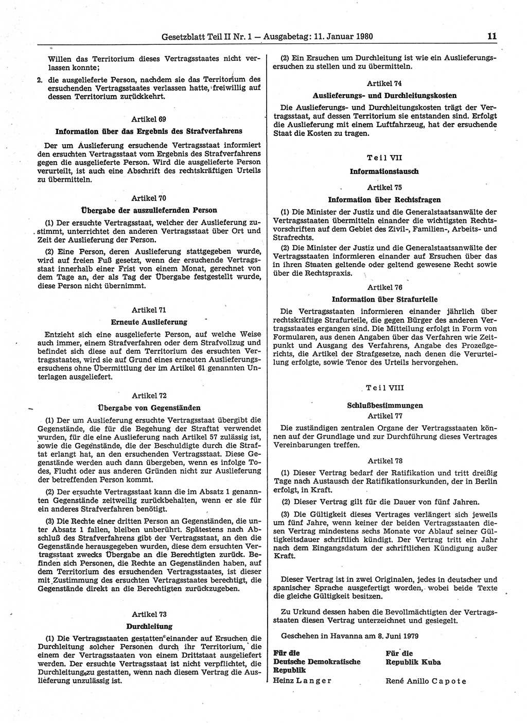 Gesetzblatt (GBl.) der Deutschen Demokratischen Republik (DDR) Teil ⅠⅠ 1980, Seite 11 (GBl. DDR ⅠⅠ 1980, S. 11)