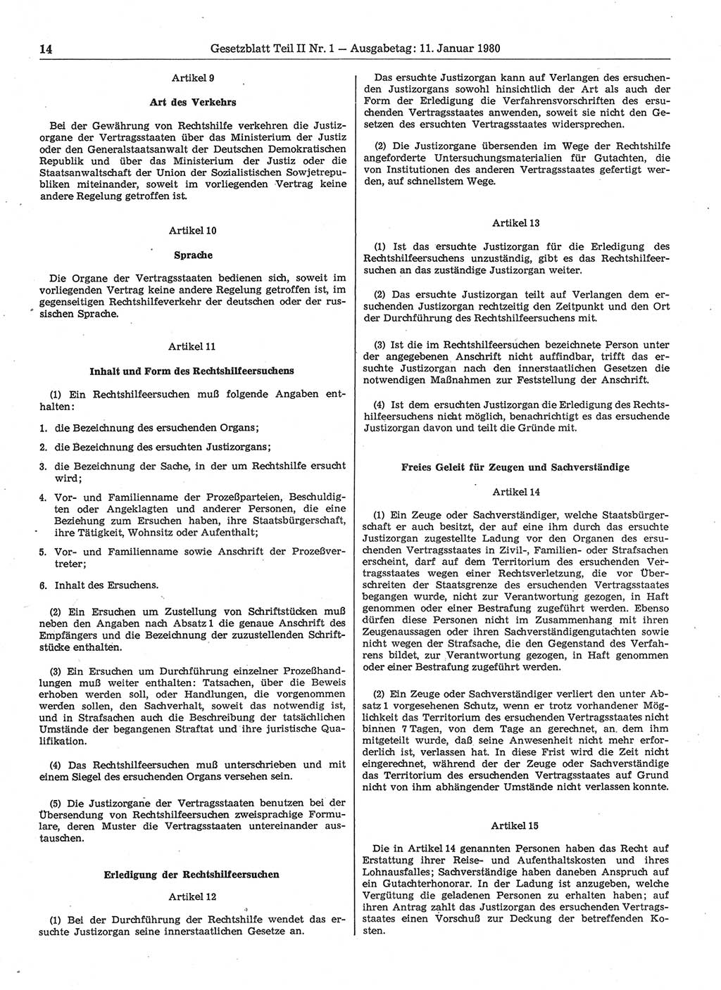 Gesetzblatt (GBl.) der Deutschen Demokratischen Republik (DDR) Teil ⅠⅠ 1980, Seite 14 (GBl. DDR ⅠⅠ 1980, S. 14)