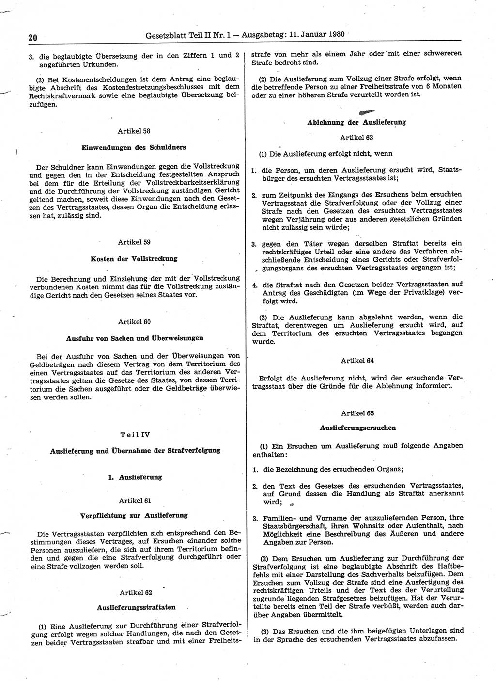 Gesetzblatt (GBl.) der Deutschen Demokratischen Republik (DDR) Teil ⅠⅠ 1980, Seite 20 (GBl. DDR ⅠⅠ 1980, S. 20)