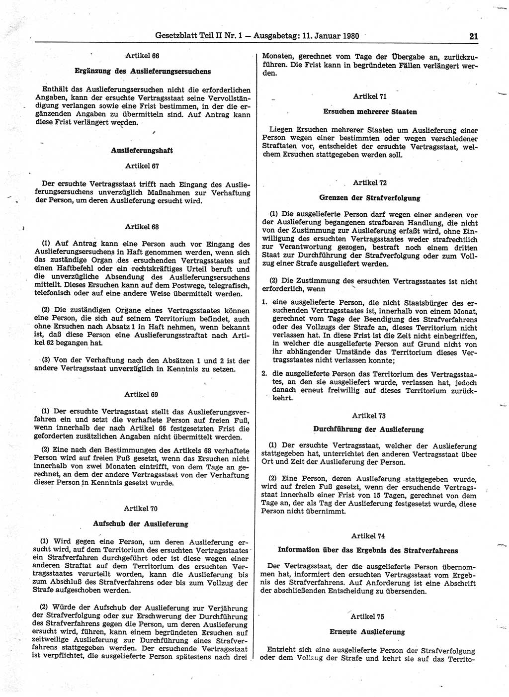 Gesetzblatt (GBl.) der Deutschen Demokratischen Republik (DDR) Teil ⅠⅠ 1980, Seite 21 (GBl. DDR ⅠⅠ 1980, S. 21)