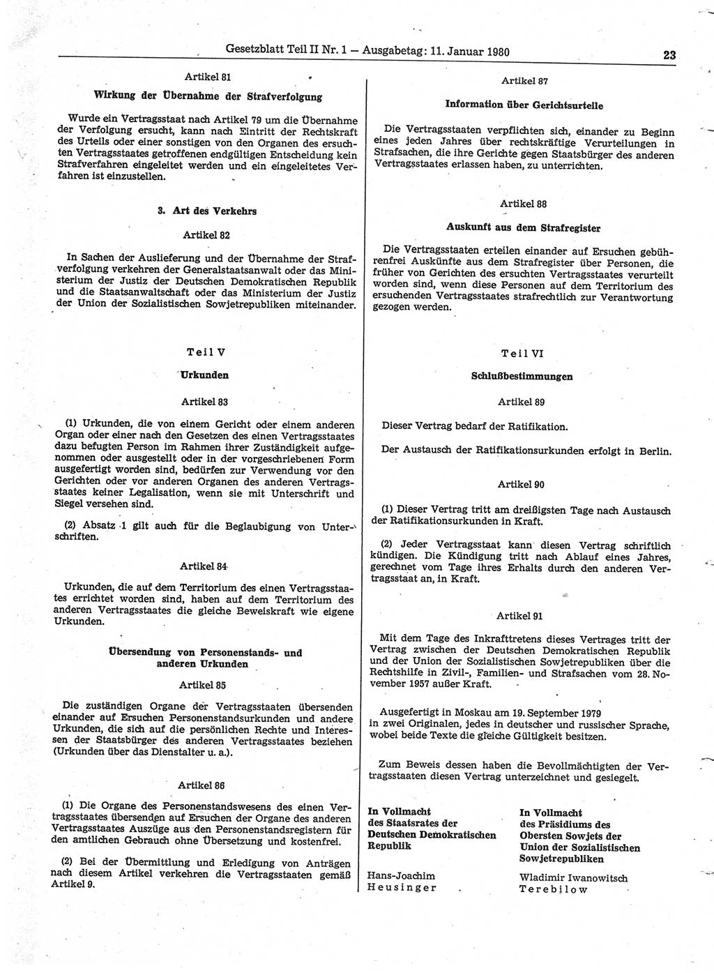 Gesetzblatt (GBl.) der Deutschen Demokratischen Republik (DDR) Teil ⅠⅠ 1980, Seite 23 (GBl. DDR ⅠⅠ 1980, S. 23)