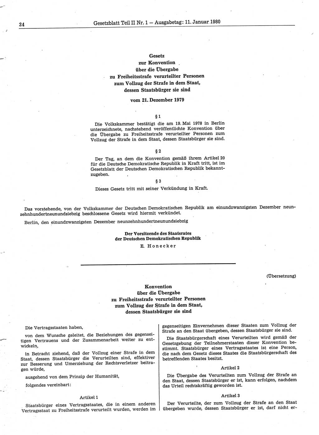 Gesetzblatt (GBl.) der Deutschen Demokratischen Republik (DDR) Teil ⅠⅠ 1980, Seite 24 (GBl. DDR ⅠⅠ 1980, S. 24)