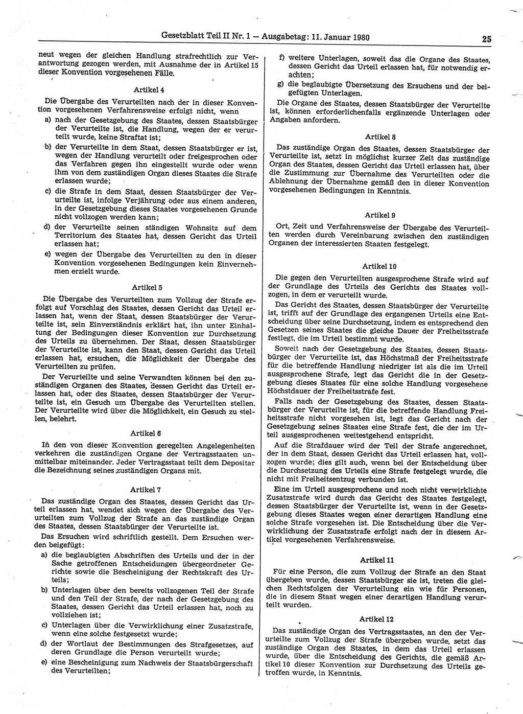 Gesetzblatt (GBl.) der Deutschen Demokratischen Republik (DDR) Teil ⅠⅠ 1980, Seite 25 (GBl. DDR ⅠⅠ 1980, S. 25)