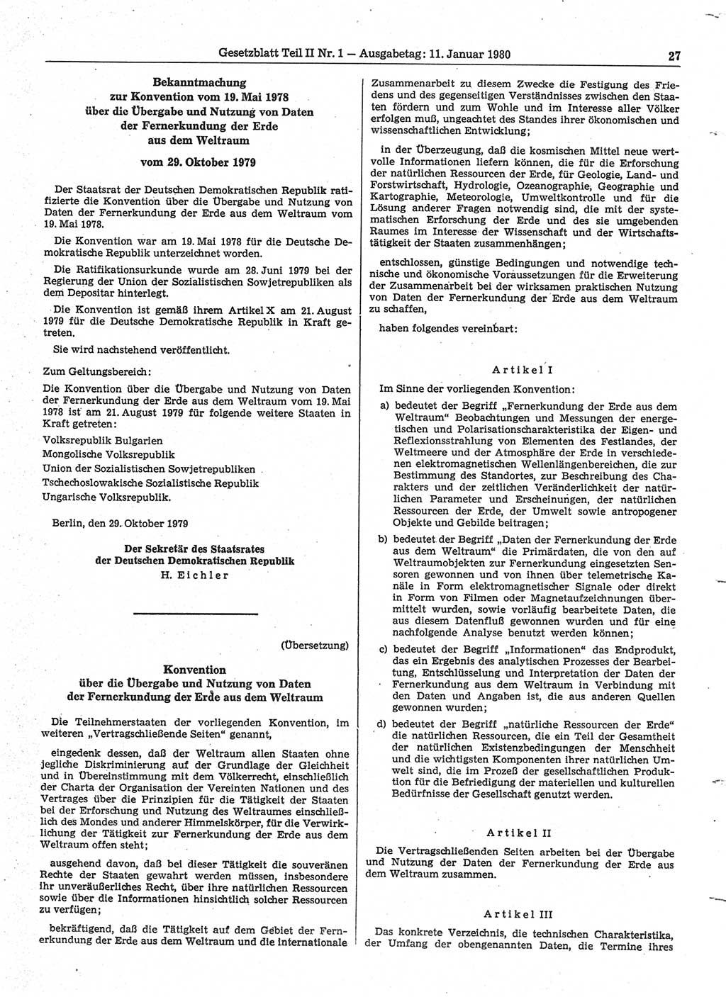 Gesetzblatt (GBl.) der Deutschen Demokratischen Republik (DDR) Teil ⅠⅠ 1980, Seite 27 (GBl. DDR ⅠⅠ 1980, S. 27)