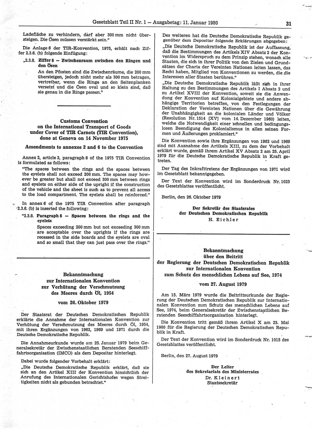 Gesetzblatt (GBl.) der Deutschen Demokratischen Republik (DDR) Teil ⅠⅠ 1980, Seite 31 (GBl. DDR ⅠⅠ 1980, S. 31)