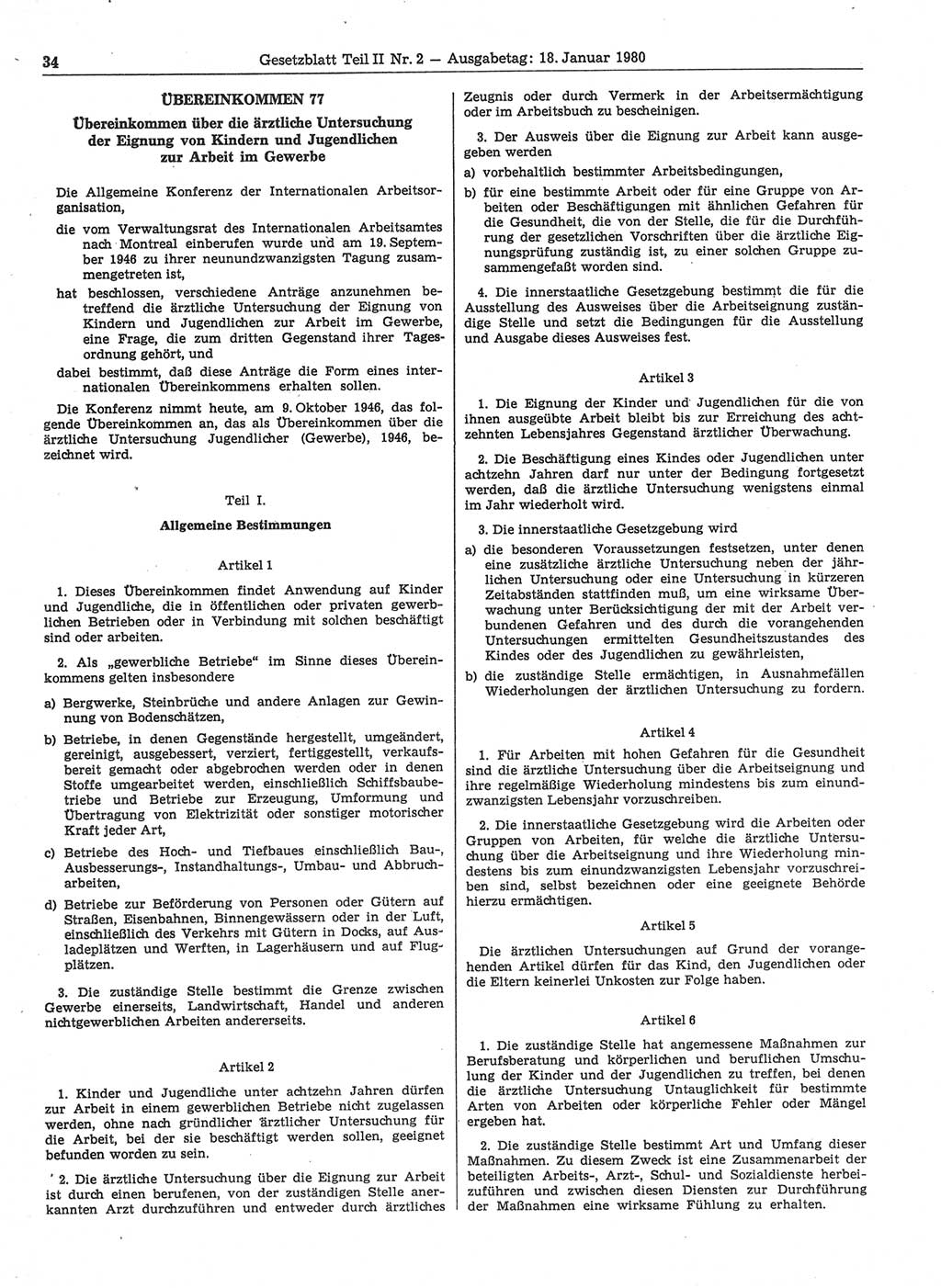 Gesetzblatt (GBl.) der Deutschen Demokratischen Republik (DDR) Teil ⅠⅠ 1980, Seite 34 (GBl. DDR ⅠⅠ 1980, S. 34)