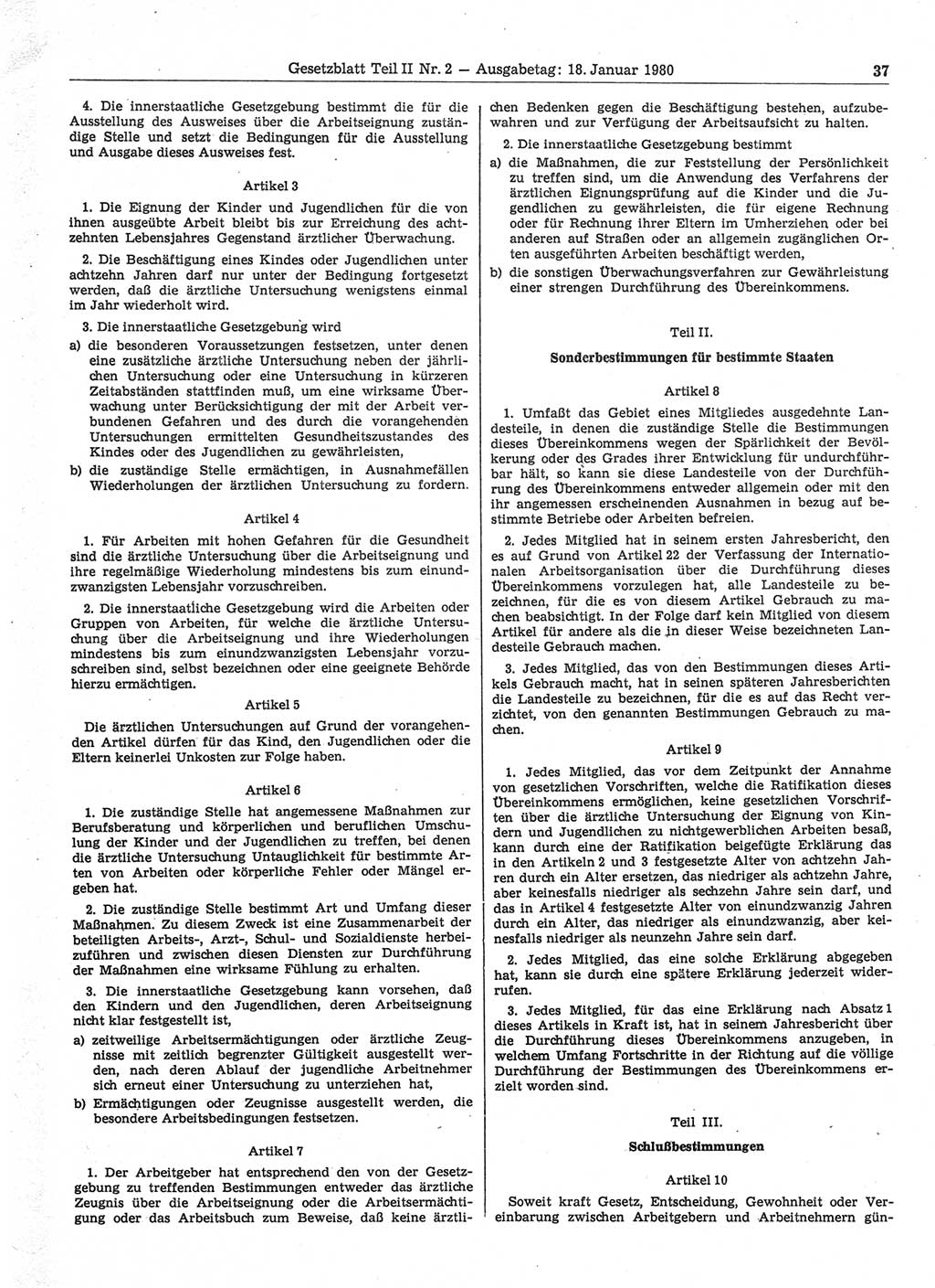 Gesetzblatt (GBl.) der Deutschen Demokratischen Republik (DDR) Teil ⅠⅠ 1980, Seite 37 (GBl. DDR ⅠⅠ 1980, S. 37)