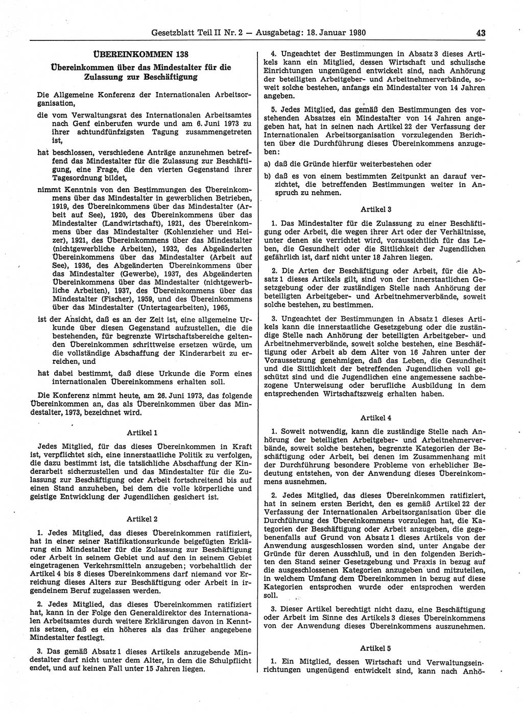 Gesetzblatt (GBl.) der Deutschen Demokratischen Republik (DDR) Teil ⅠⅠ 1980, Seite 43 (GBl. DDR ⅠⅠ 1980, S. 43)