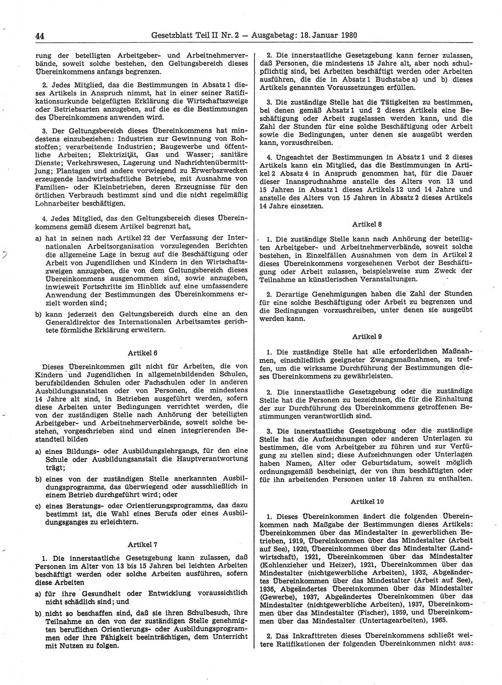 Gesetzblatt (GBl.) der Deutschen Demokratischen Republik (DDR) Teil ⅠⅠ 1980, Seite 44 (GBl. DDR ⅠⅠ 1980, S. 44)