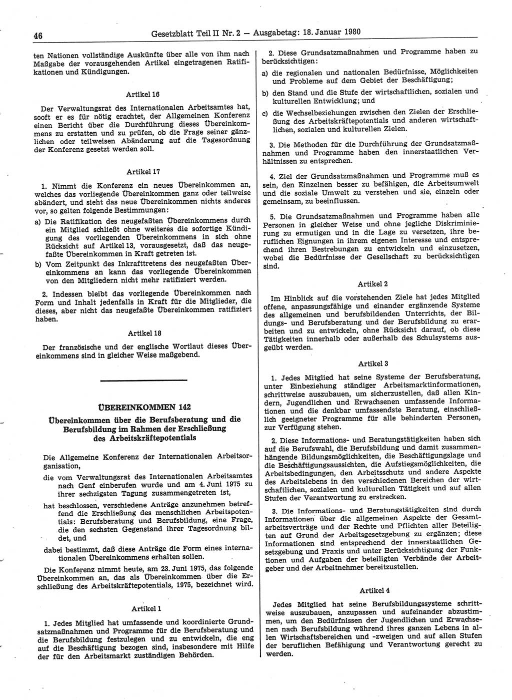 Gesetzblatt (GBl.) der Deutschen Demokratischen Republik (DDR) Teil ⅠⅠ 1980, Seite 46 (GBl. DDR ⅠⅠ 1980, S. 46)