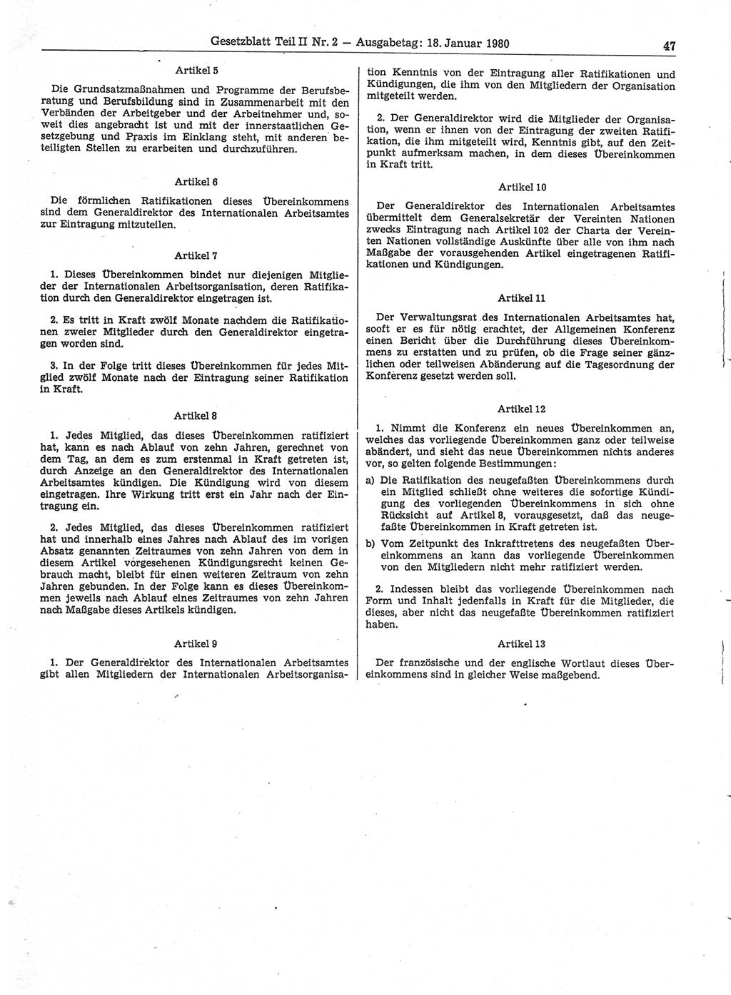 Gesetzblatt (GBl.) der Deutschen Demokratischen Republik (DDR) Teil ⅠⅠ 1980, Seite 47 (GBl. DDR ⅠⅠ 1980, S. 47)