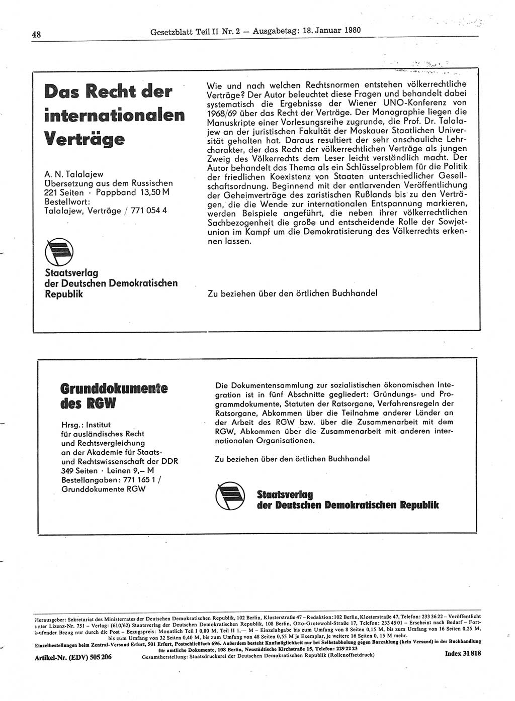 Gesetzblatt (GBl.) der Deutschen Demokratischen Republik (DDR) Teil ⅠⅠ 1980, Seite 48 (GBl. DDR ⅠⅠ 1980, S. 48)