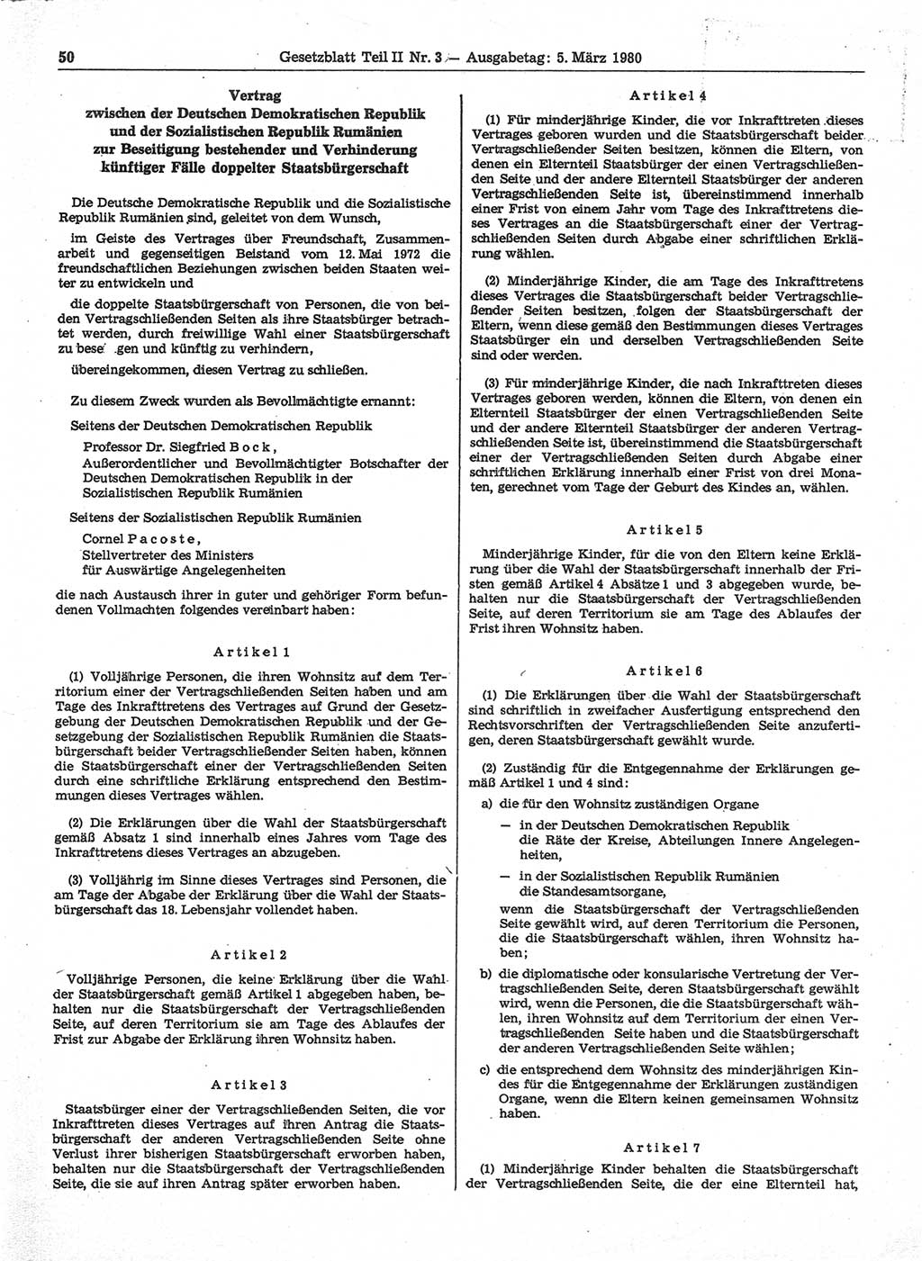 Gesetzblatt (GBl.) der Deutschen Demokratischen Republik (DDR) Teil ⅠⅠ 1980, Seite 50 (GBl. DDR ⅠⅠ 1980, S. 50)
