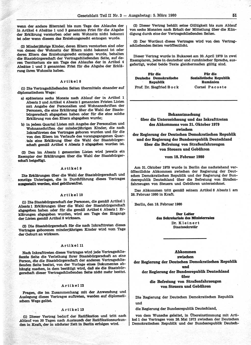 Gesetzblatt (GBl.) der Deutschen Demokratischen Republik (DDR) Teil ⅠⅠ 1980, Seite 51 (GBl. DDR ⅠⅠ 1980, S. 51)