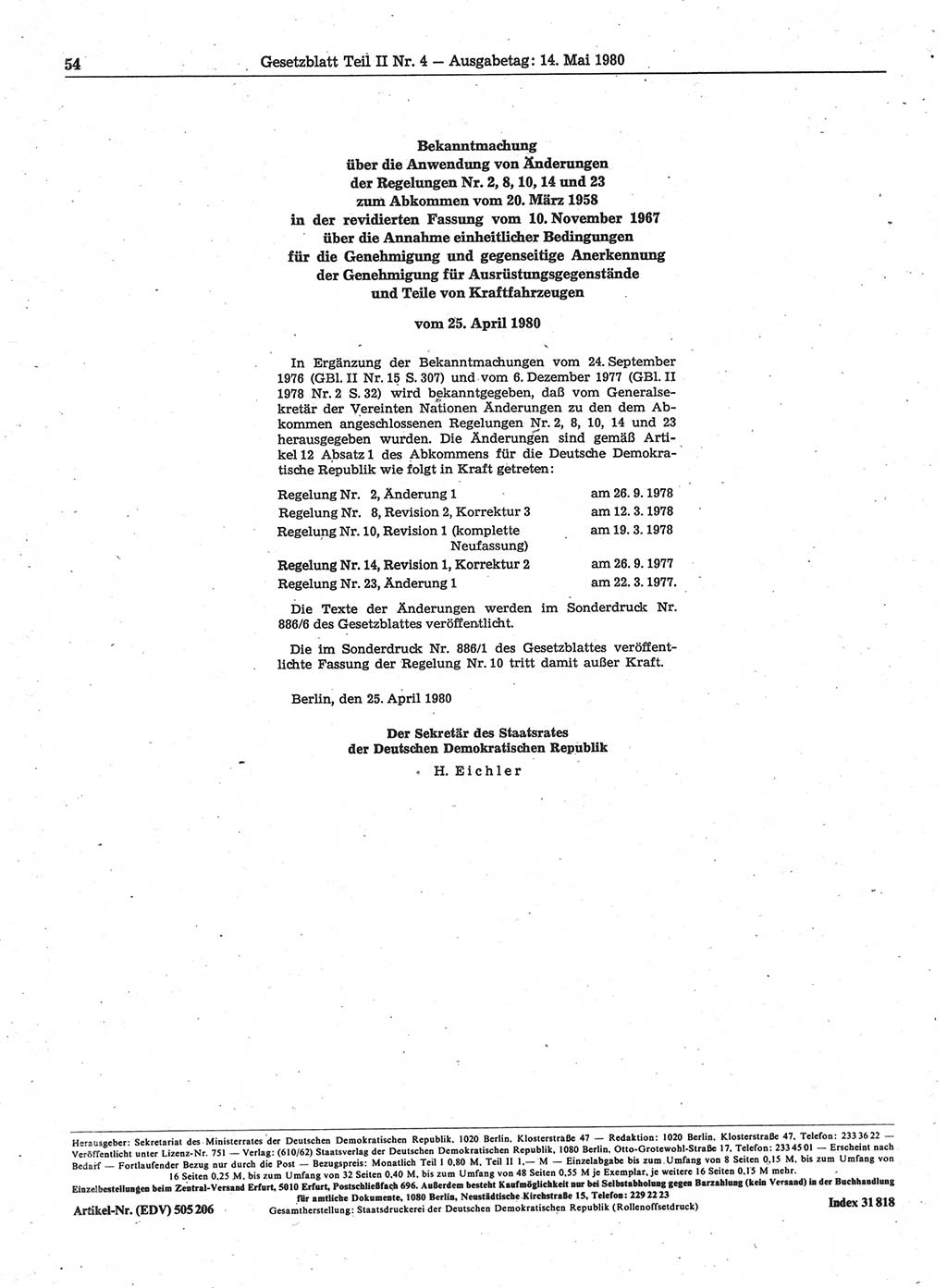 Gesetzblatt (GBl.) der Deutschen Demokratischen Republik (DDR) Teil ⅠⅠ 1980, Seite 54 (GBl. DDR ⅠⅠ 1980, S. 54)