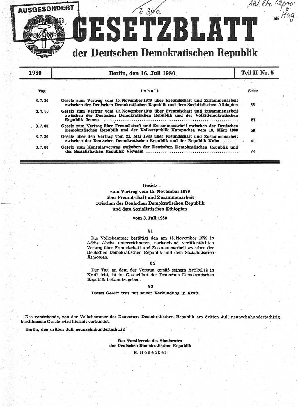 Gesetzblatt (GBl.) der Deutschen Demokratischen Republik (DDR) Teil ⅠⅠ 1980, Seite 55 (GBl. DDR ⅠⅠ 1980, S. 55)