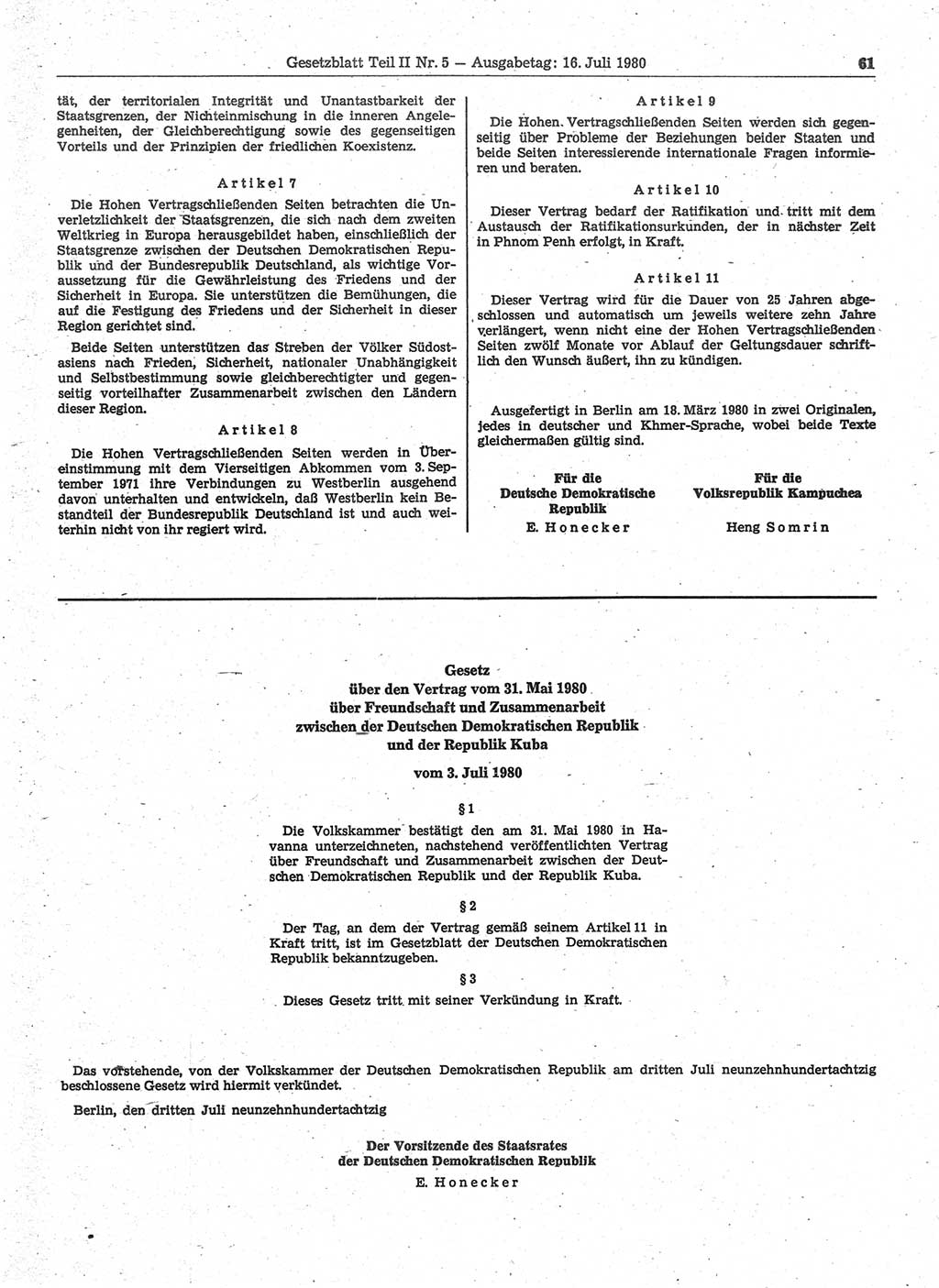 Gesetzblatt (GBl.) der Deutschen Demokratischen Republik (DDR) Teil ⅠⅠ 1980, Seite 61 (GBl. DDR ⅠⅠ 1980, S. 61)