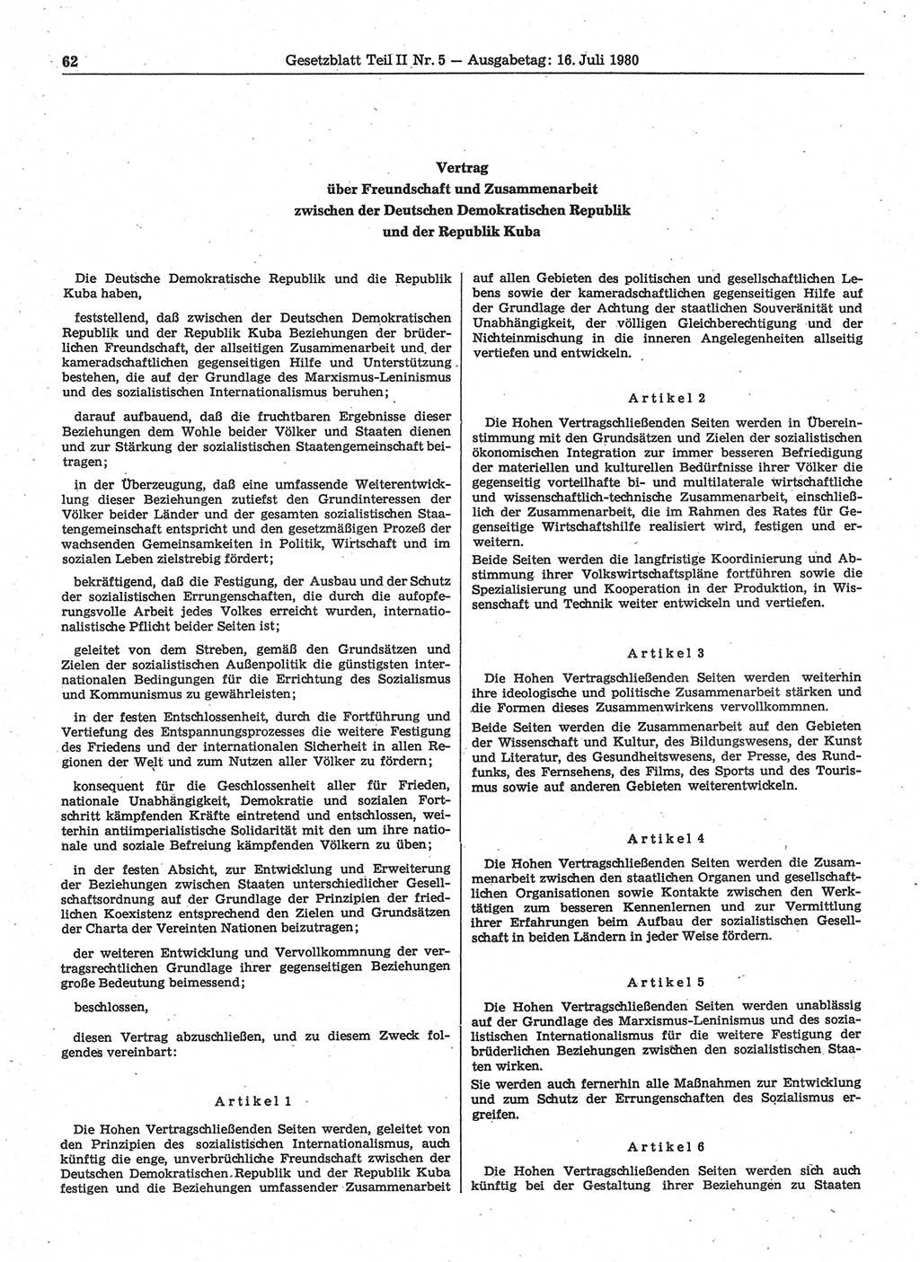 Gesetzblatt (GBl.) der Deutschen Demokratischen Republik (DDR) Teil ⅠⅠ 1980, Seite 62 (GBl. DDR ⅠⅠ 1980, S. 62)