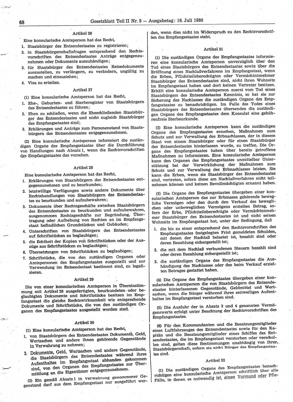 Gesetzblatt (GBl.) der Deutschen Demokratischen Republik (DDR) Teil ⅠⅠ 1980, Seite 68 (GBl. DDR ⅠⅠ 1980, S. 68)