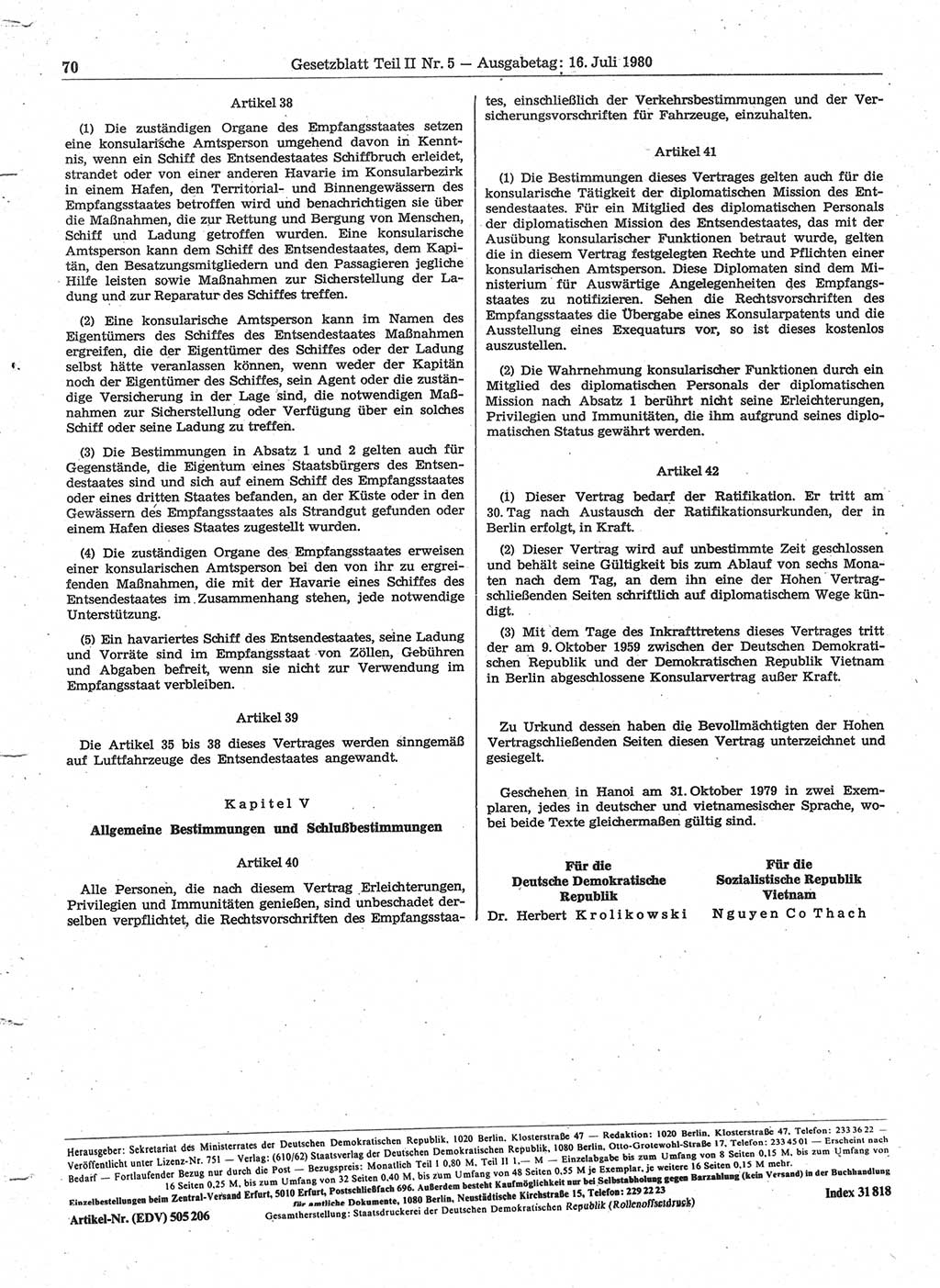 Gesetzblatt (GBl.) der Deutschen Demokratischen Republik (DDR) Teil ⅠⅠ 1980, Seite 70 (GBl. DDR ⅠⅠ 1980, S. 70)
