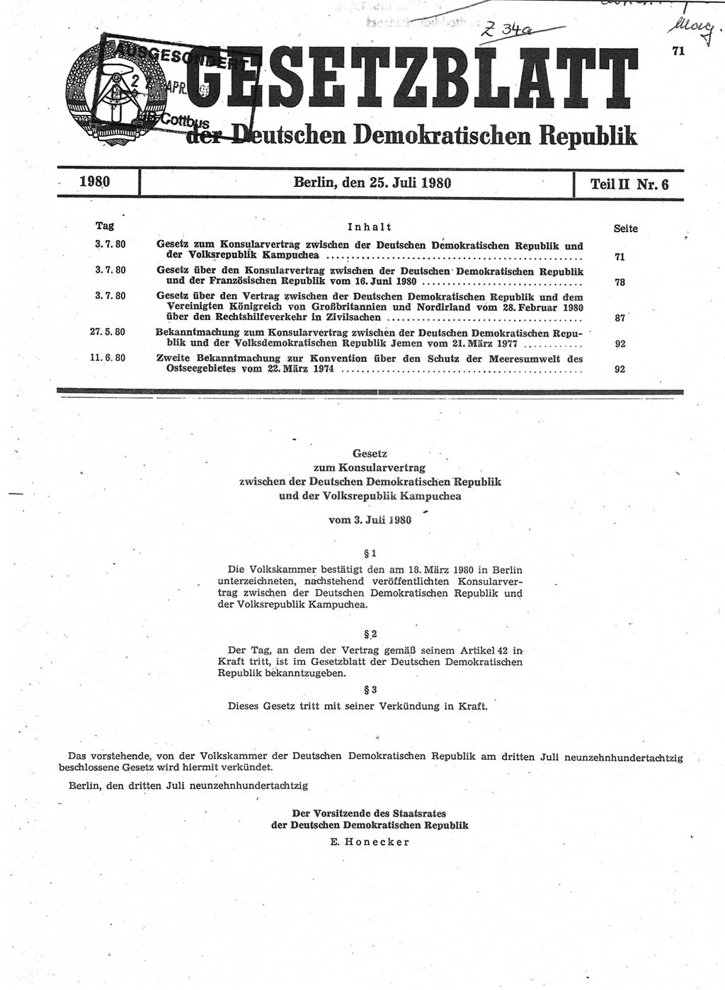 Gesetzblatt (GBl.) der Deutschen Demokratischen Republik (DDR) Teil ⅠⅠ 1980, Seite 71 (GBl. DDR ⅠⅠ 1980, S. 71)