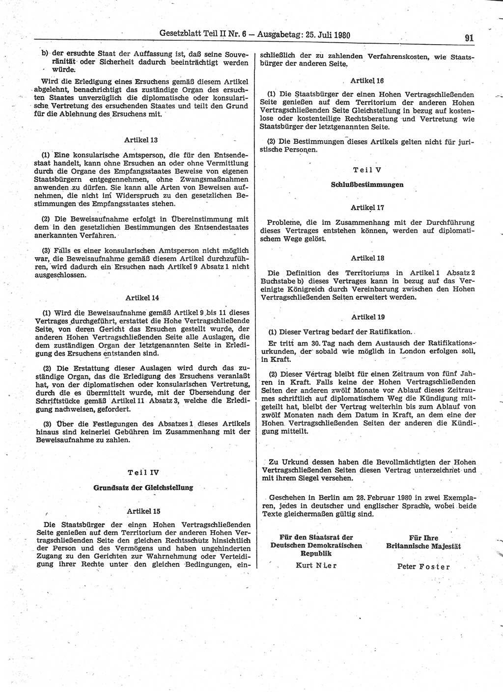 Gesetzblatt (GBl.) der Deutschen Demokratischen Republik (DDR) Teil ⅠⅠ 1980, Seite 91 (GBl. DDR ⅠⅠ 1980, S. 91)
