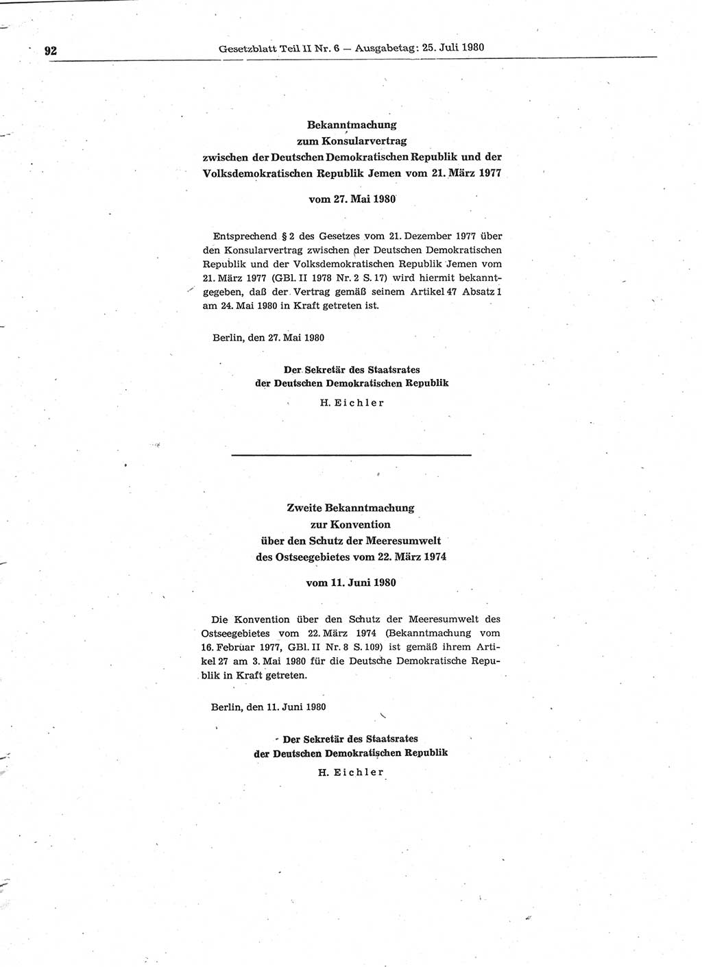 Gesetzblatt (GBl.) der Deutschen Demokratischen Republik (DDR) Teil ⅠⅠ 1980, Seite 92 (GBl. DDR ⅠⅠ 1980, S. 92)
