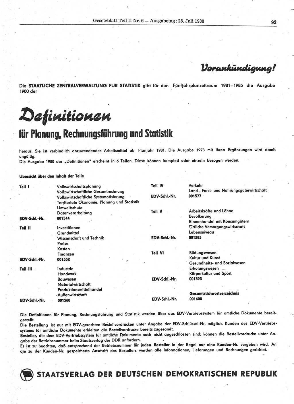 Gesetzblatt (GBl.) der Deutschen Demokratischen Republik (DDR) Teil ⅠⅠ 1980, Seite 93 (GBl. DDR ⅠⅠ 1980, S. 93)