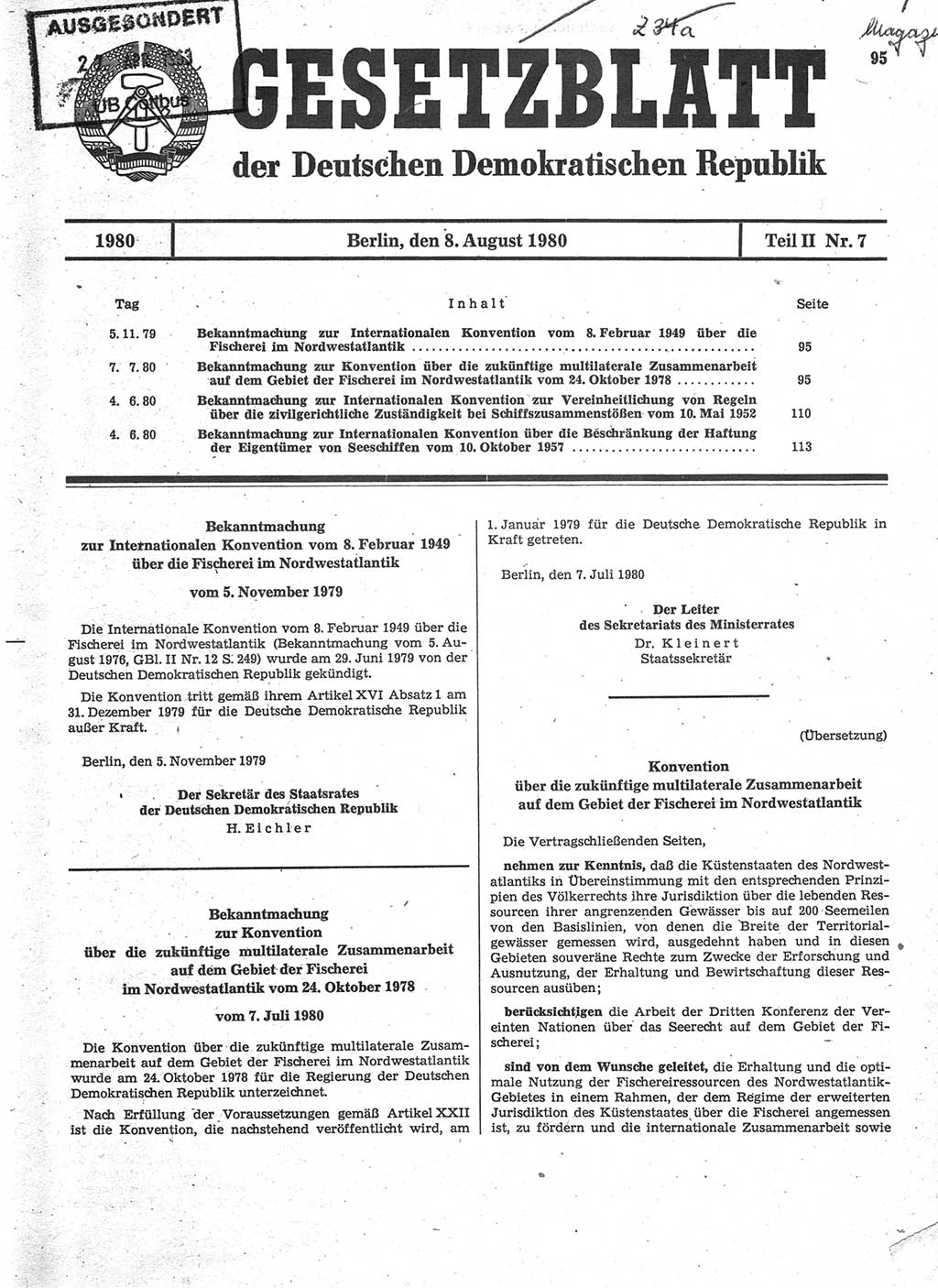 Gesetzblatt (GBl.) der Deutschen Demokratischen Republik (DDR) Teil ⅠⅠ 1980, Seite 95 (GBl. DDR ⅠⅠ 1980, S. 95)
