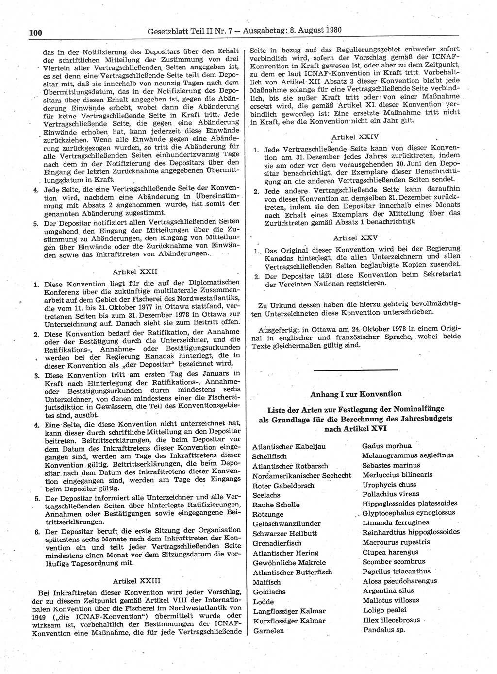 Gesetzblatt (GBl.) der Deutschen Demokratischen Republik (DDR) Teil ⅠⅠ 1980, Seite 100 (GBl. DDR ⅠⅠ 1980, S. 100)
