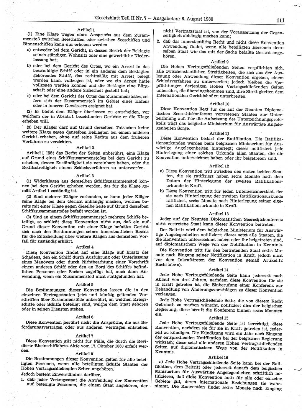 Gesetzblatt (GBl.) der Deutschen Demokratischen Republik (DDR) Teil ⅠⅠ 1980, Seite 111 (GBl. DDR ⅠⅠ 1980, S. 111)