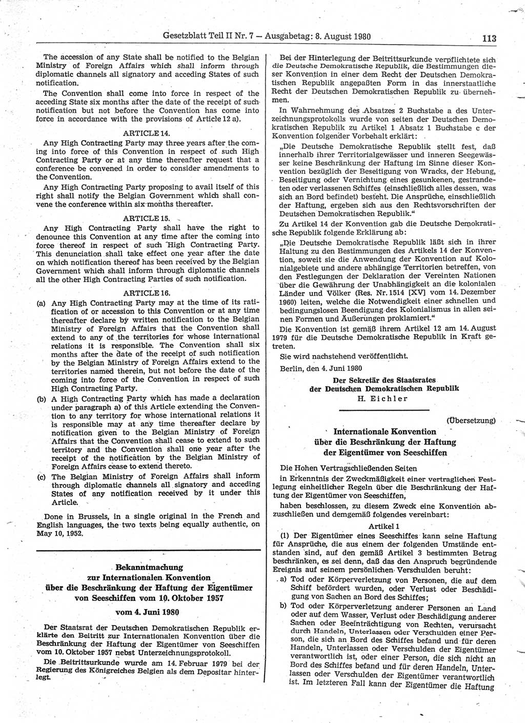 Gesetzblatt (GBl.) der Deutschen Demokratischen Republik (DDR) Teil ⅠⅠ 1980, Seite 113 (GBl. DDR ⅠⅠ 1980, S. 113)