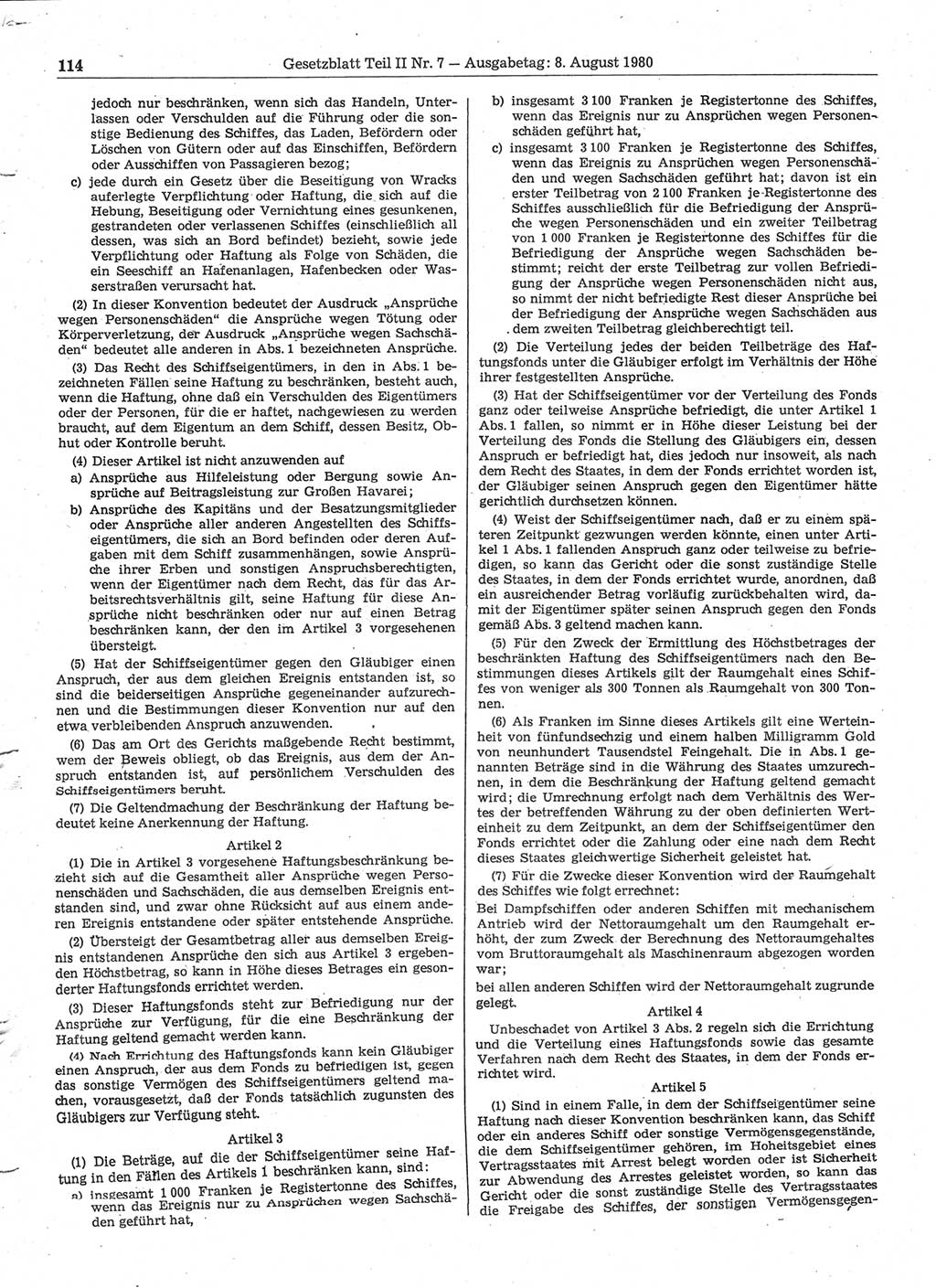 Gesetzblatt (GBl.) der Deutschen Demokratischen Republik (DDR) Teil ⅠⅠ 1980, Seite 114 (GBl. DDR ⅠⅠ 1980, S. 114)