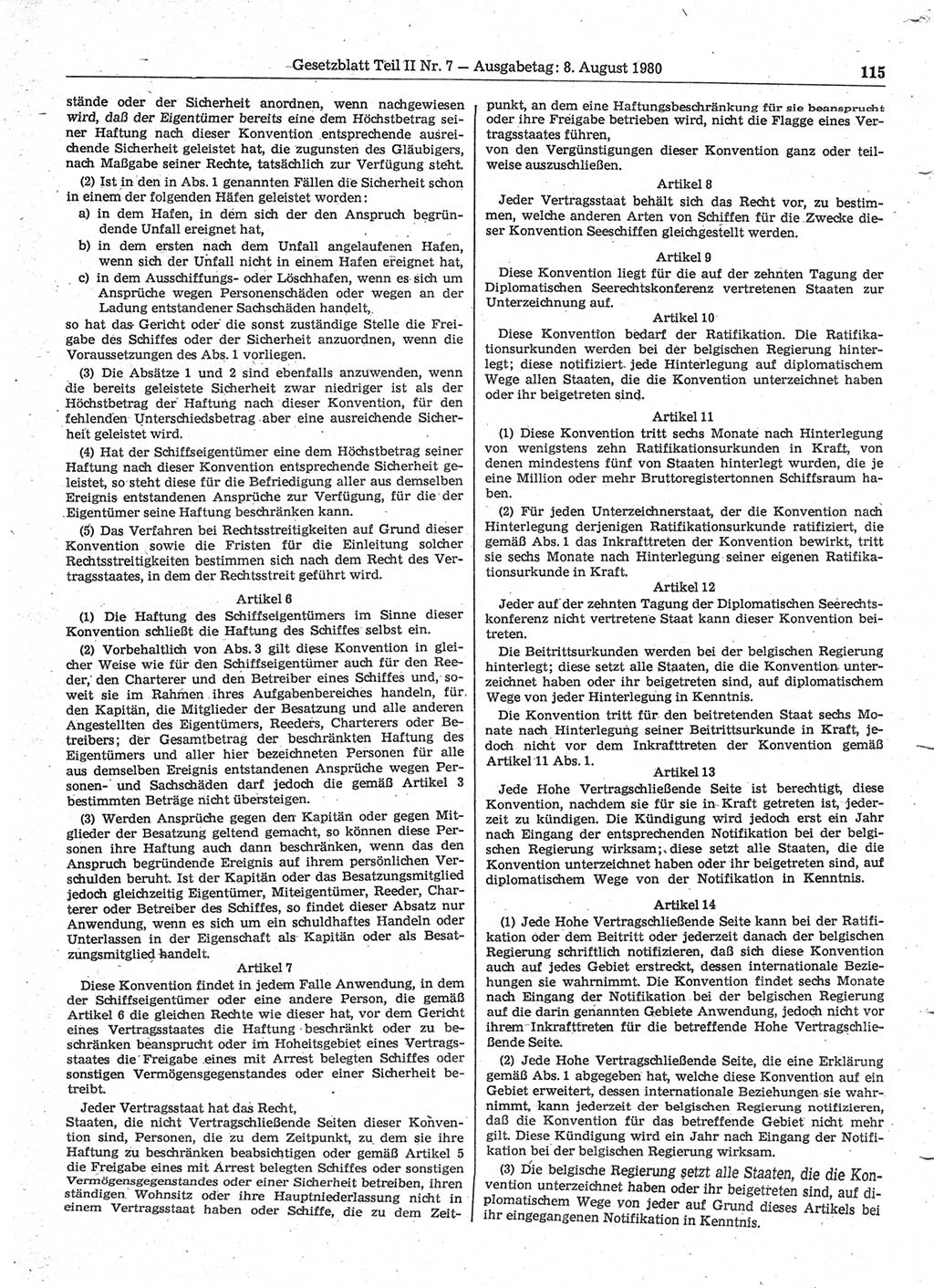Gesetzblatt (GBl.) der Deutschen Demokratischen Republik (DDR) Teil ⅠⅠ 1980, Seite 115 (GBl. DDR ⅠⅠ 1980, S. 115)