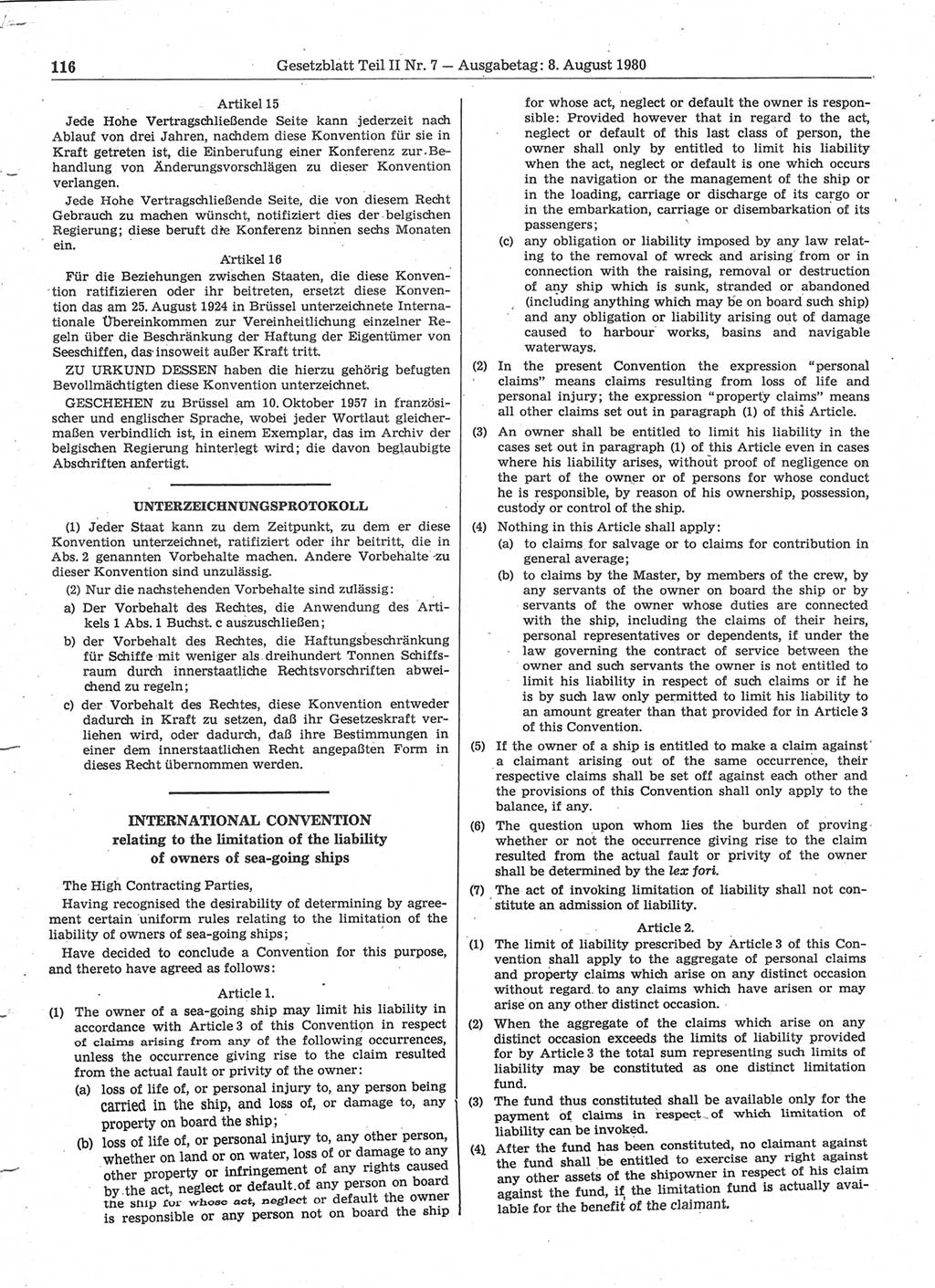 Gesetzblatt (GBl.) der Deutschen Demokratischen Republik (DDR) Teil ⅠⅠ 1980, Seite 116 (GBl. DDR ⅠⅠ 1980, S. 116)